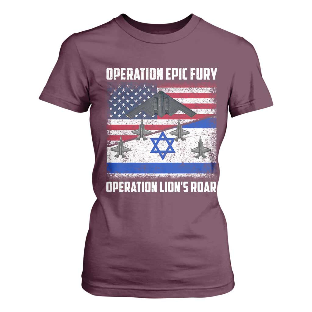 Operation Epic Fury Lions Roar T Shirt For Women USA Israel Flag Freedom Defense TS02 Maroon Print Your Wear