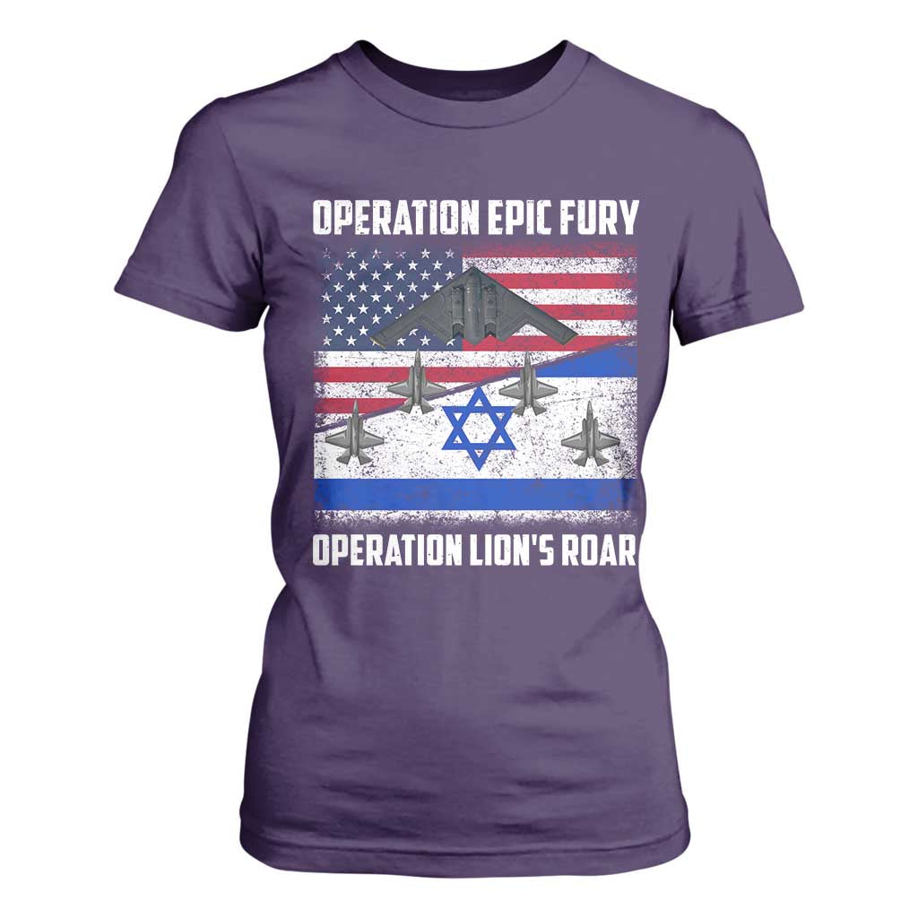 Operation Epic Fury Lions Roar T Shirt For Women USA Israel Flag Freedom Defense TS02 Purple Print Your Wear