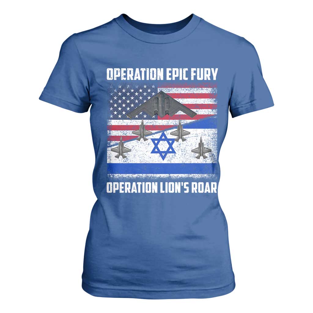 Operation Epic Fury Lions Roar T Shirt For Women USA Israel Flag Freedom Defense TS02 Royal Blue Print Your Wear