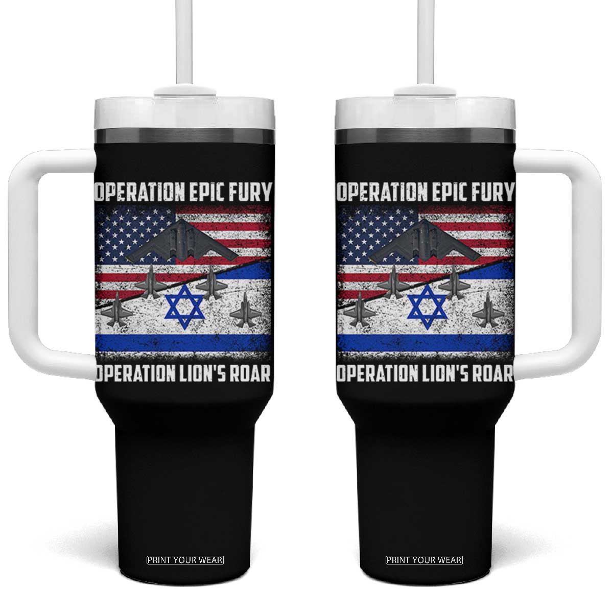 Operation Epic Fury Lions Roar Tumbler With Handle USA Israel Flag Freedom Defense TS02 One Size: 40 oz Black Print Your Wear
