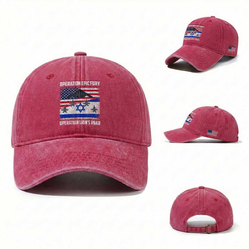 Operation Epic Fury Lions Roar Washed Cotton Baseball Cap USA Israel Flag Freedom Defense TS02 Washed Cap Universal Fit Red Print Your Wear