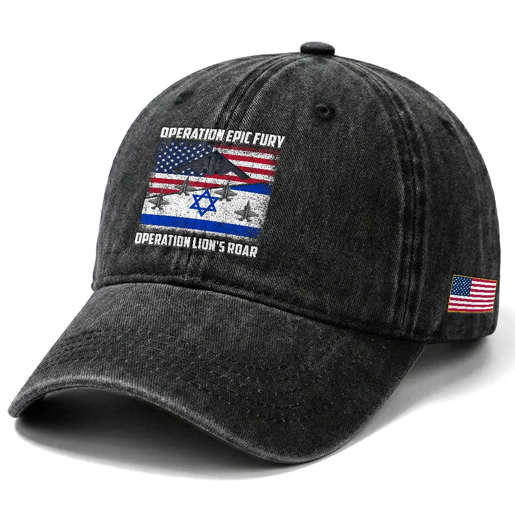 Operation Epic Fury Lions Roar Washed Cotton Baseball Cap USA Israel Flag Freedom Defense TS02 Print Your Wear