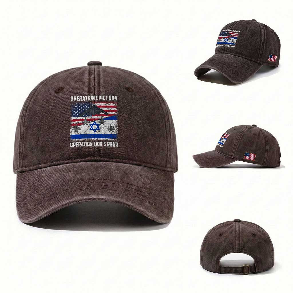 Operation Epic Fury Lions Roar Washed Cotton Baseball Cap USA Israel Flag Freedom Defense TS02 Washed Cap Universal Fit Dark Brown Print Your Wear