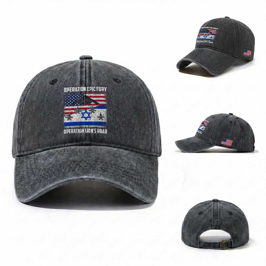 Operation Epic Fury Lions Roar Washed Cotton Baseball Cap USA Israel Flag Freedom Defense TS02 Washed Cap Universal Fit Dark Gray Print Your Wear