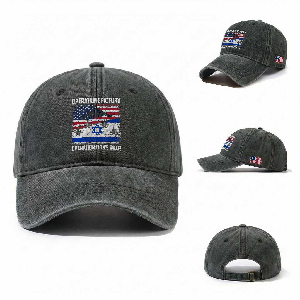 Operation Epic Fury Lions Roar Washed Cotton Baseball Cap USA Israel Flag Freedom Defense TS02 Washed Cap Universal Fit Dark Green Print Your Wear
