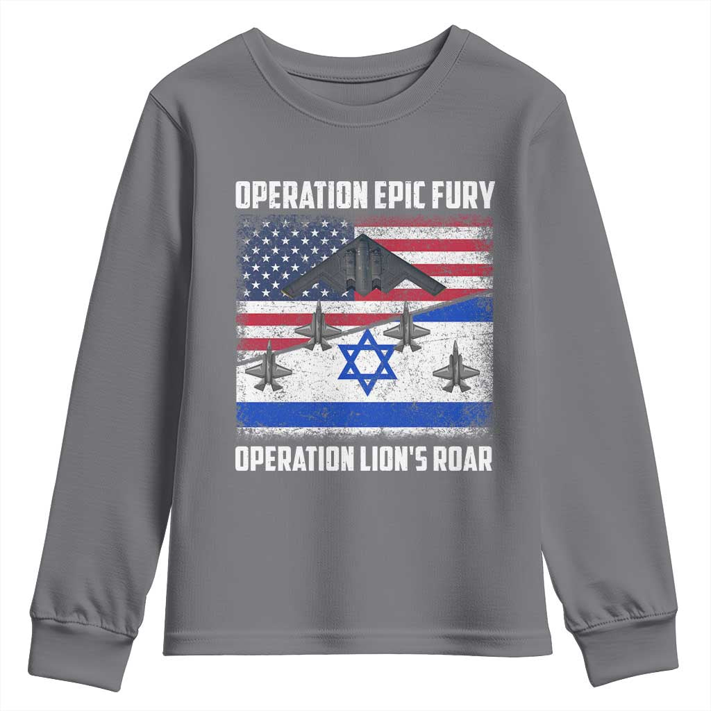 Operation Epic Fury Lions Roar Youth Sweatshirt USA Israel Flag Freedom Defense TS02 Charcoal Print Your Wear