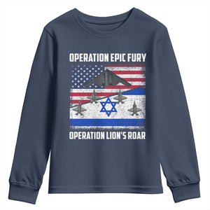 Operation Epic Fury Lions Roar Youth Sweatshirt USA Israel Flag Freedom Defense TS02 Navy Print Your Wear