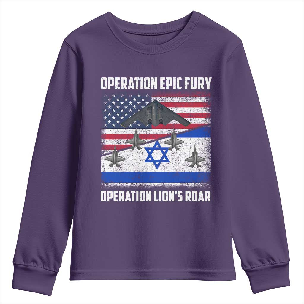 Operation Epic Fury Lions Roar Youth Sweatshirt USA Israel Flag Freedom Defense TS02 Purple Print Your Wear