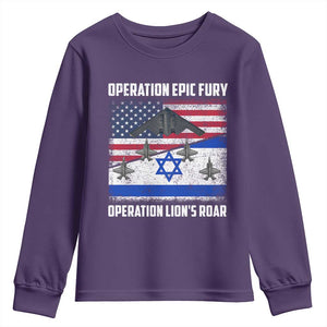 Operation Epic Fury Lions Roar Youth Sweatshirt USA Israel Flag Freedom Defense TS02 Purple Print Your Wear