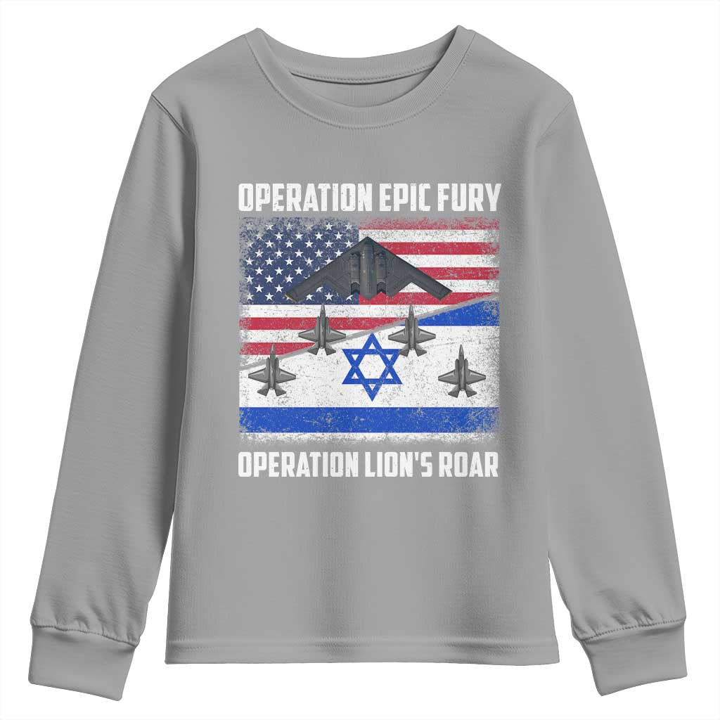 Operation Epic Fury Lions Roar Youth Sweatshirt USA Israel Flag Freedom Defense TS02 Sport Gray Print Your Wear