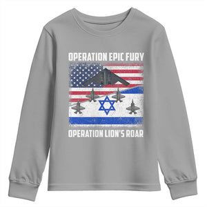 Operation Epic Fury Lions Roar Youth Sweatshirt USA Israel Flag Freedom Defense TS02 Sport Gray Print Your Wear