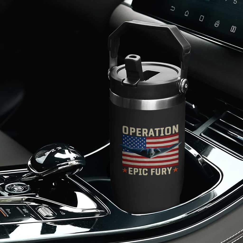 Operation Epic Fury Stealth Bomber American Flag Flip Straw Tumbler Powerful B2 Spirit USA Military Pride TS02 Print Your Wear