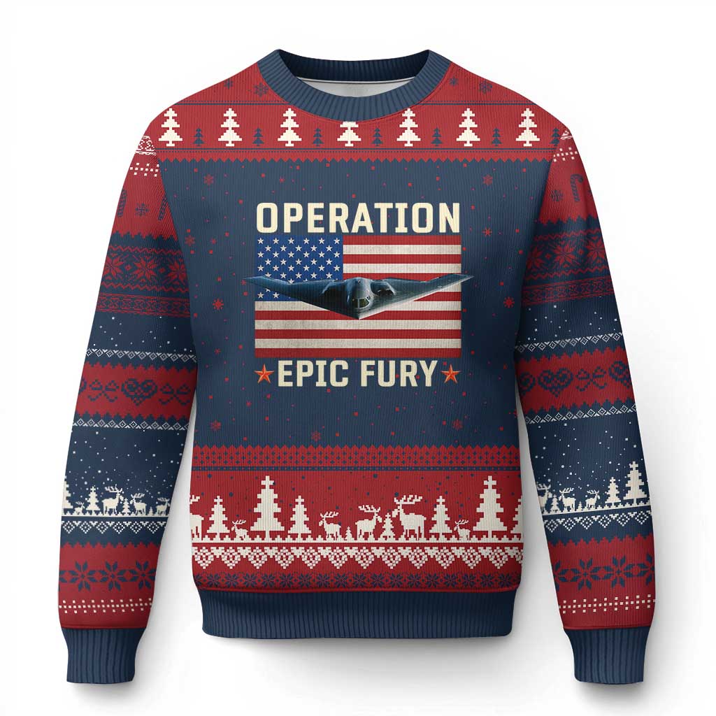 Operation Epic Fury Stealth Bomber American Flag Ugly Christmas Sweater Powerful B2 Spirit USA Military Pride TS02 Navy Red Print Your Wear