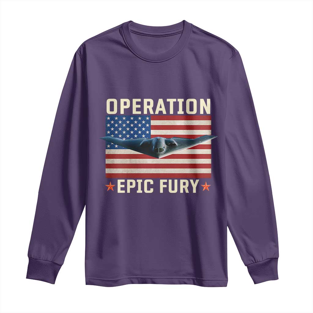 Operation Epic Fury Stealth Bomber American Flag Long Sleeve Shirt Powerful B2 Spirit USA Military Pride TS02 Purple Print Your Wear