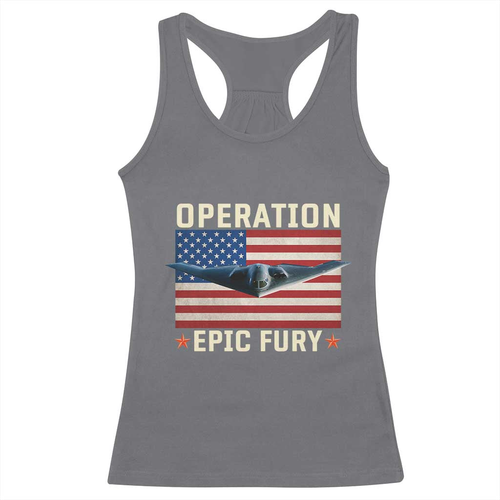 Operation Epic Fury Stealth Bomber American Flag Racerback Tank Top Powerful B2 Spirit USA Military Pride TS02 Charcoal Print Your Wear