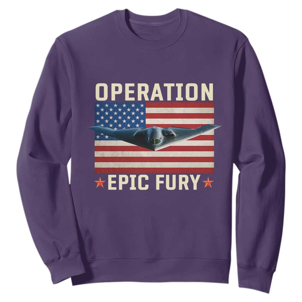 Operation Epic Fury Stealth Bomber American Flag Sweatshirt Powerful B2 Spirit USA Military Pride TS02 Purple Print Your Wear