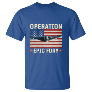 Operation Epic Fury Stealth Bomber American Flag T Shirt Powerful B2 Spirit USA Military Pride TS02 Royal Blue Print Your Wear