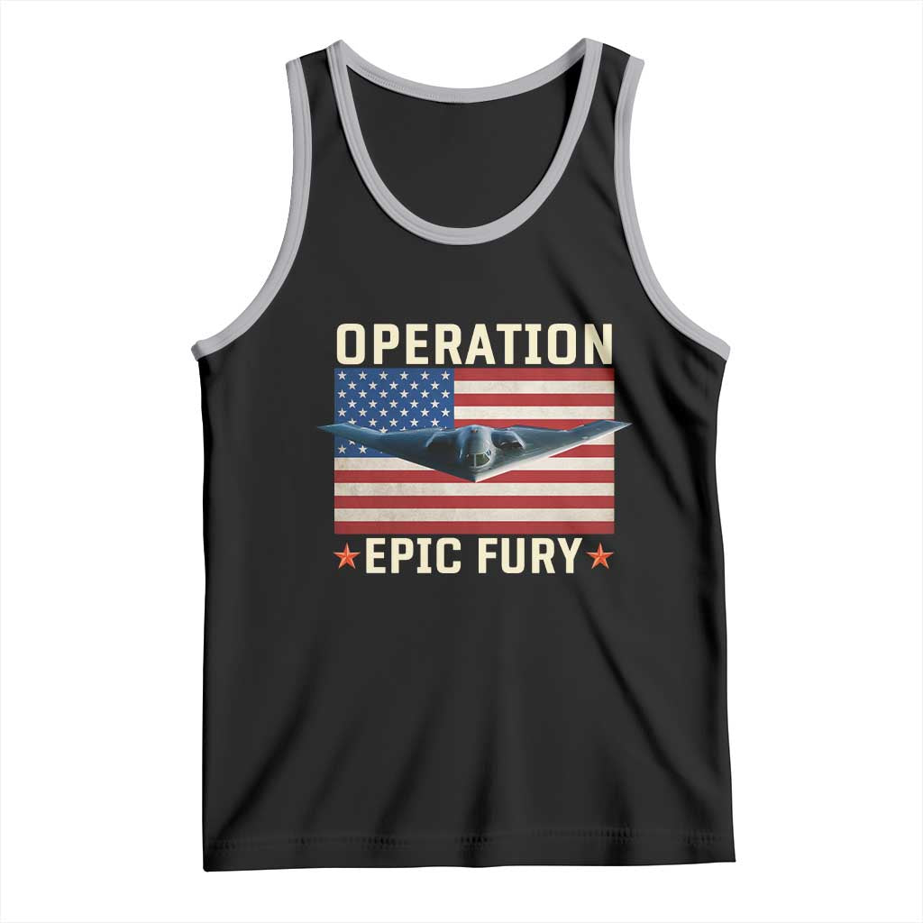 Operation Epic Fury Stealth Bomber American Flag Tank Top Powerful B2 Spirit USA Military Pride TS02 Black Athletic Heather Print Your Wear