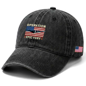 Operation Epic Fury Stealth Bomber American Flag Washed Cotton Baseball Cap Powerful B2 Spirit USA Military Pride TS02 Print Your Wear