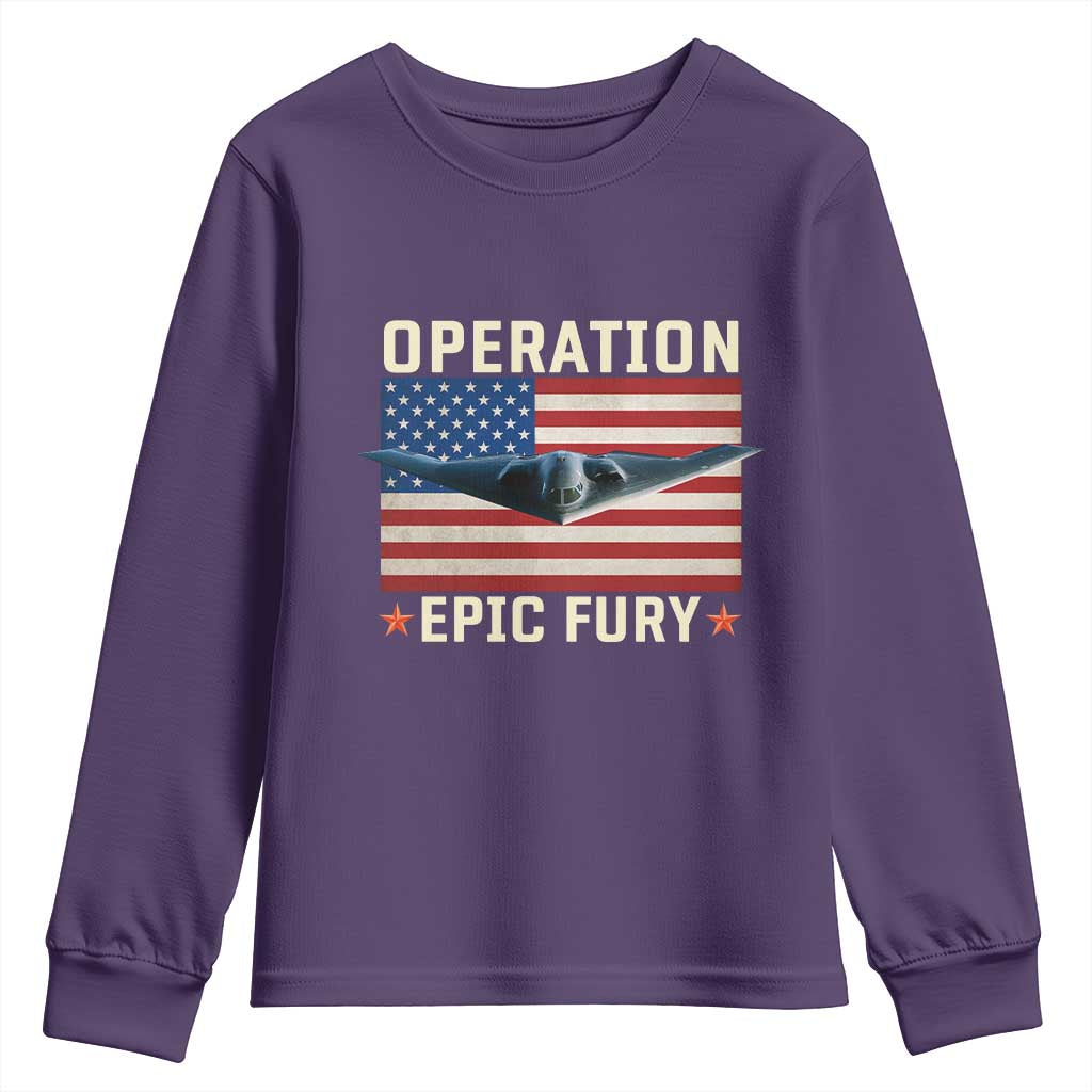 Operation Epic Fury Stealth Bomber American Flag Youth Sweatshirt Powerful B2 Spirit USA Military Pride TS02 Purple Print Your Wear