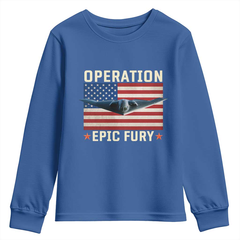 Operation Epic Fury Stealth Bomber American Flag Youth Sweatshirt Powerful B2 Spirit USA Military Pride TS02 Royal Blue Print Your Wear