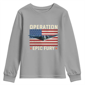 Operation Epic Fury Stealth Bomber American Flag Youth Sweatshirt Powerful B2 Spirit USA Military Pride TS02 Sport Gray Print Your Wear