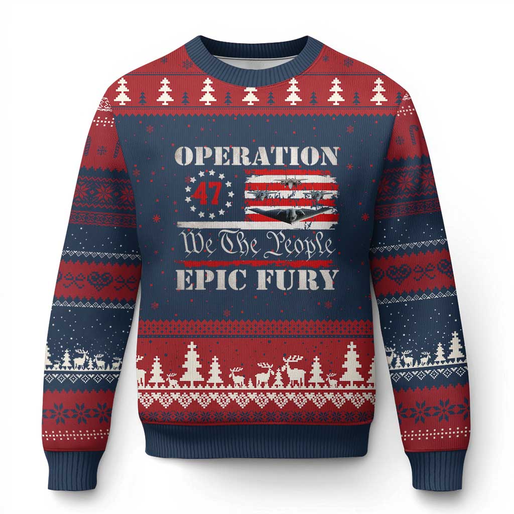 Operation Epic Fury We The People 47 Patriotic Flag Ugly Christmas Sweater B2 Spirit Constitutional Freedom Statement TS02 Navy Red Print Your Wear