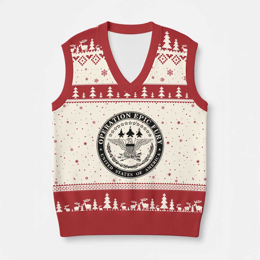 Operation Epic Fury USA Military Seal V-Neck Knit Sweater Vest Patriotic Air Power Aviation Tribute TS02 Beige Red Print Your Wear
