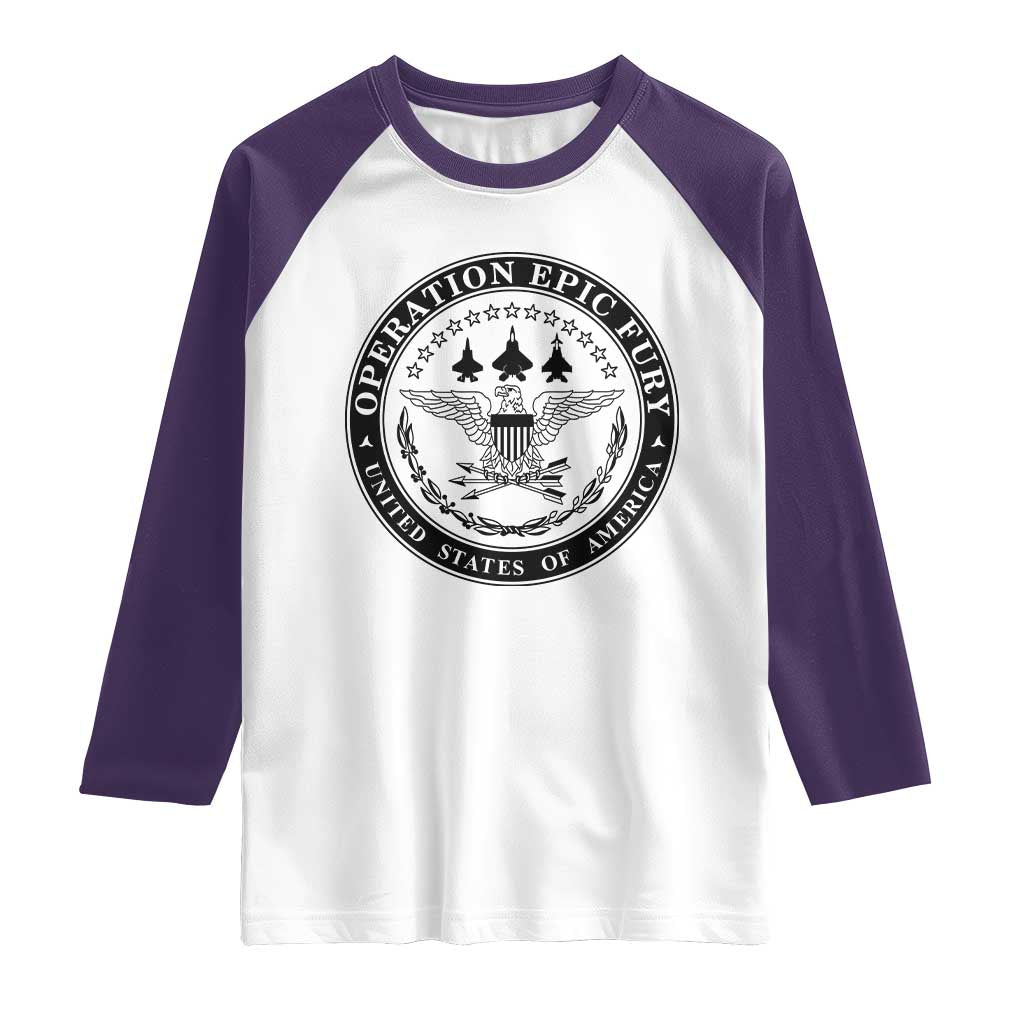 Operation Epic Fury USA Military Seal Raglan Shirt Patriotic Air Power Aviation Tribute TS02 White Purple Print Your Wear