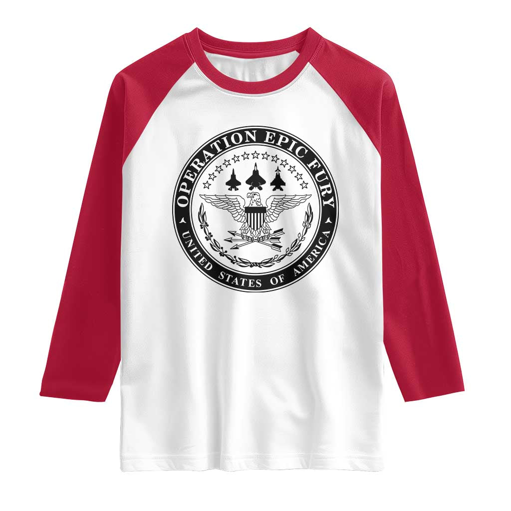 Operation Epic Fury USA Military Seal Raglan Shirt Patriotic Air Power Aviation Tribute TS02 White Red Print Your Wear