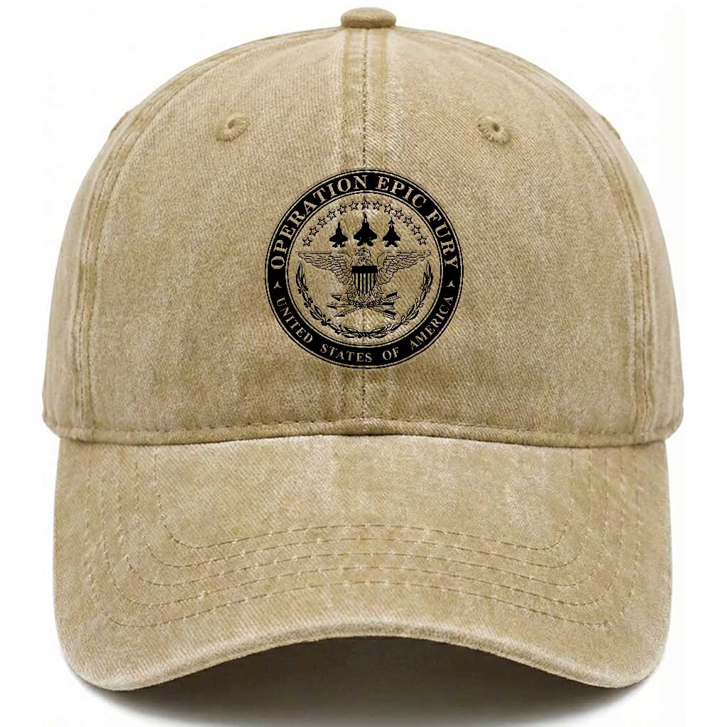 Operation Epic Fury USA Military Seal Washed Cotton Baseball Cap - Patriotic Air Power Aviation Tribute TS02 Washed Cap Universal Fit Khaki Print Your Wear