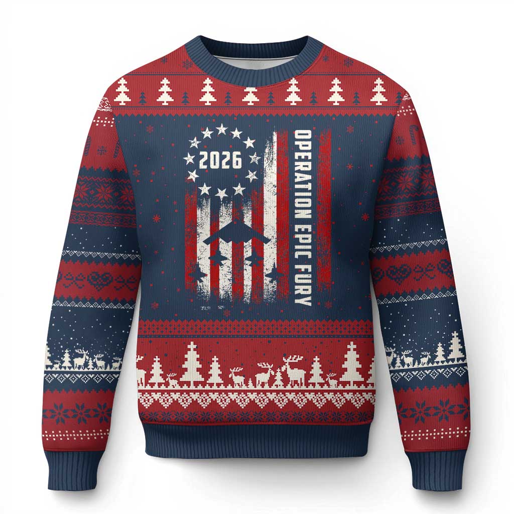 Operation Epic Fury 2026 American Flag Bomber Ugly Christmas Sweater B2 Spirit Patriotic Air Dominance TS02 Navy Red Print Your Wear