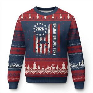 Operation Epic Fury 2026 American Flag Bomber Ugly Christmas Sweater B2 Spirit Patriotic Air Dominance TS02 Navy Red Print Your Wear