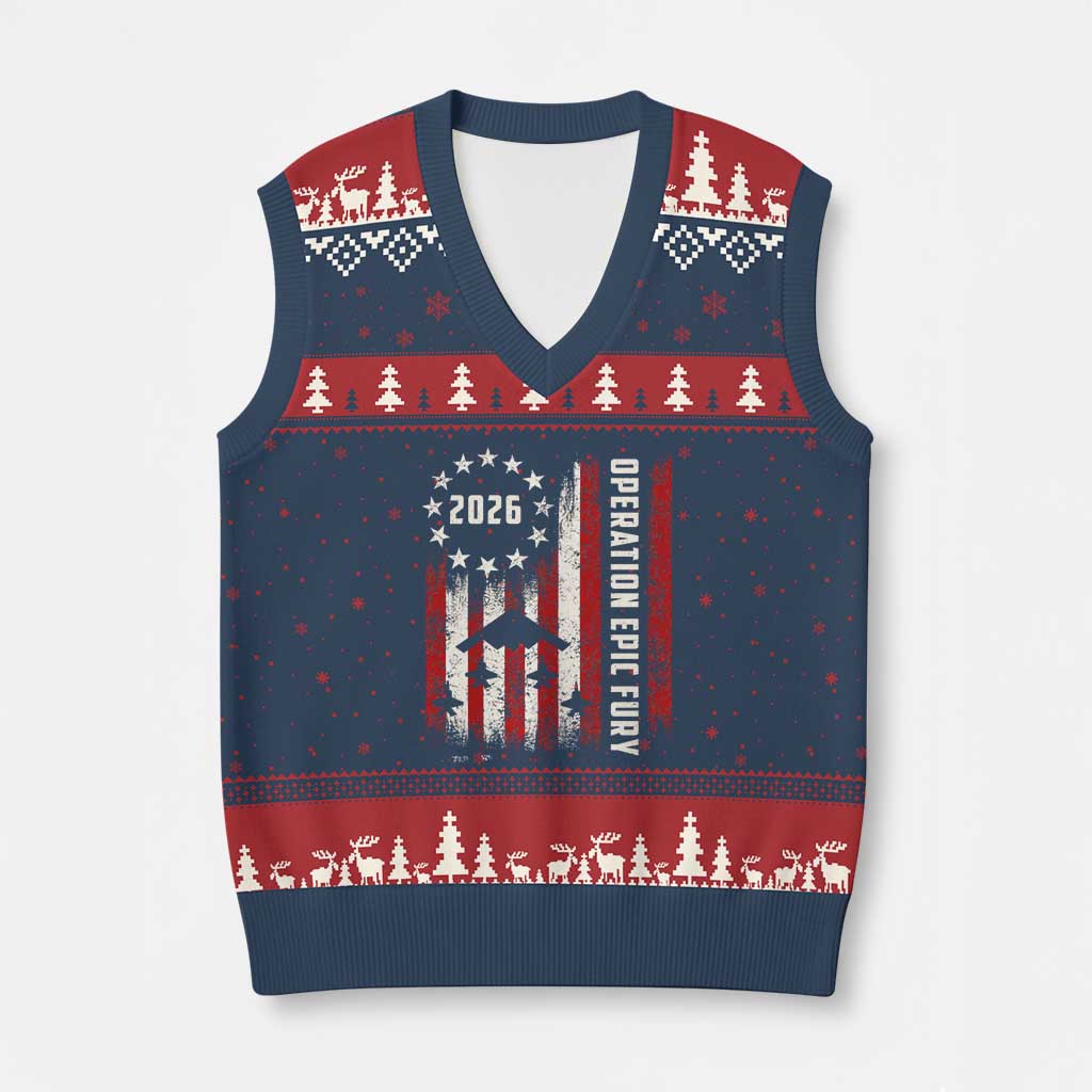 Operation Epic Fury 2026 American Flag Bomber V-Neck Knit Sweater Vest B2 Spirit Patriotic Air Dominance TS02 Navy Red Print Your Wear
