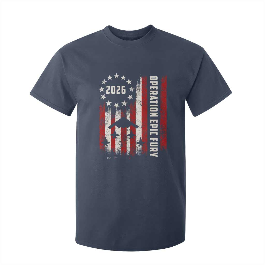 Operation Epic Fury 2026 American Flag Bomber T Shirt For Kid B2 Spirit Patriotic Air Dominance TS02 Navy Print Your Wear
