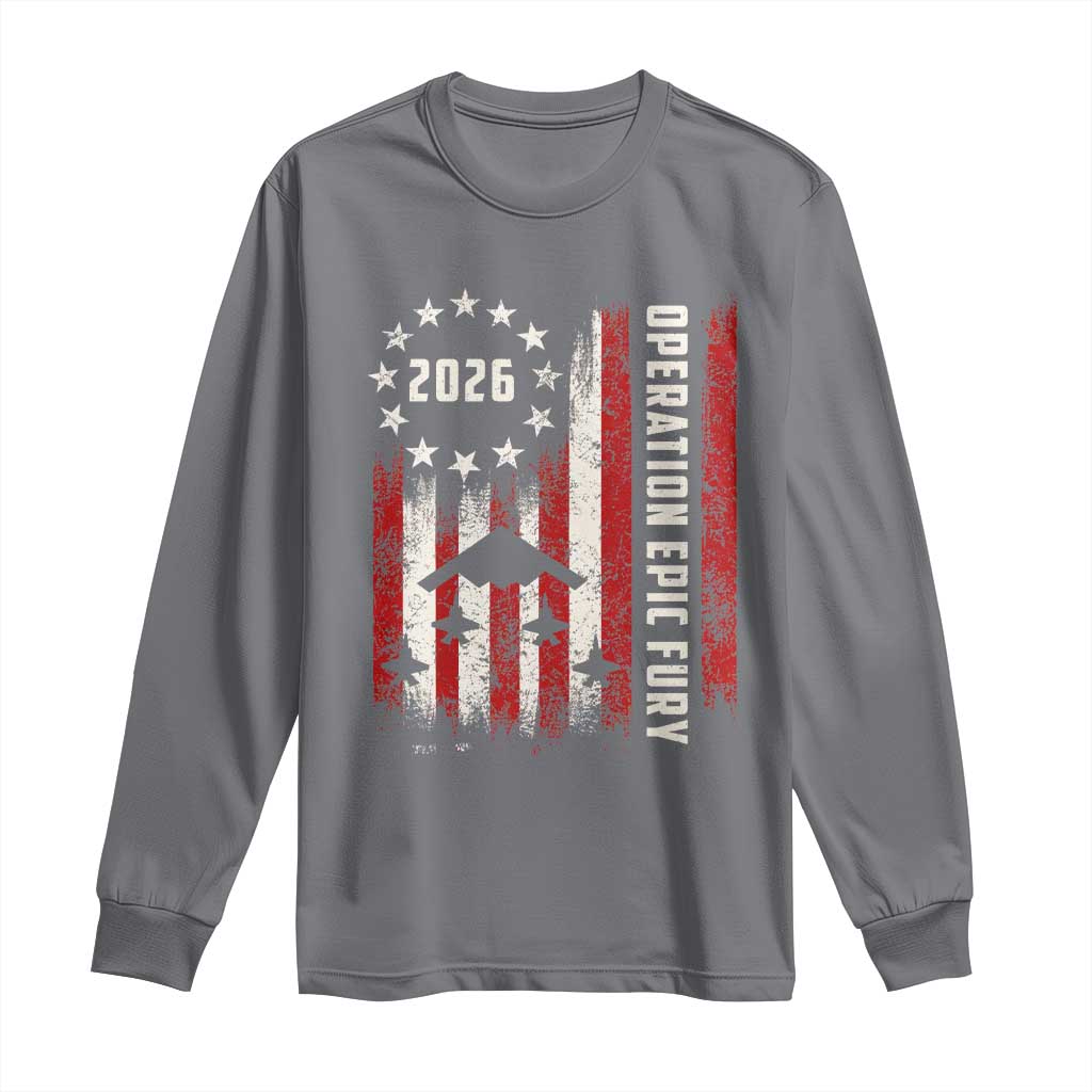 Operation Epic Fury 2026 American Flag Bomber Long Sleeve Shirt B2 Spirit Patriotic Air Dominance TS02 Charcoal Print Your Wear
