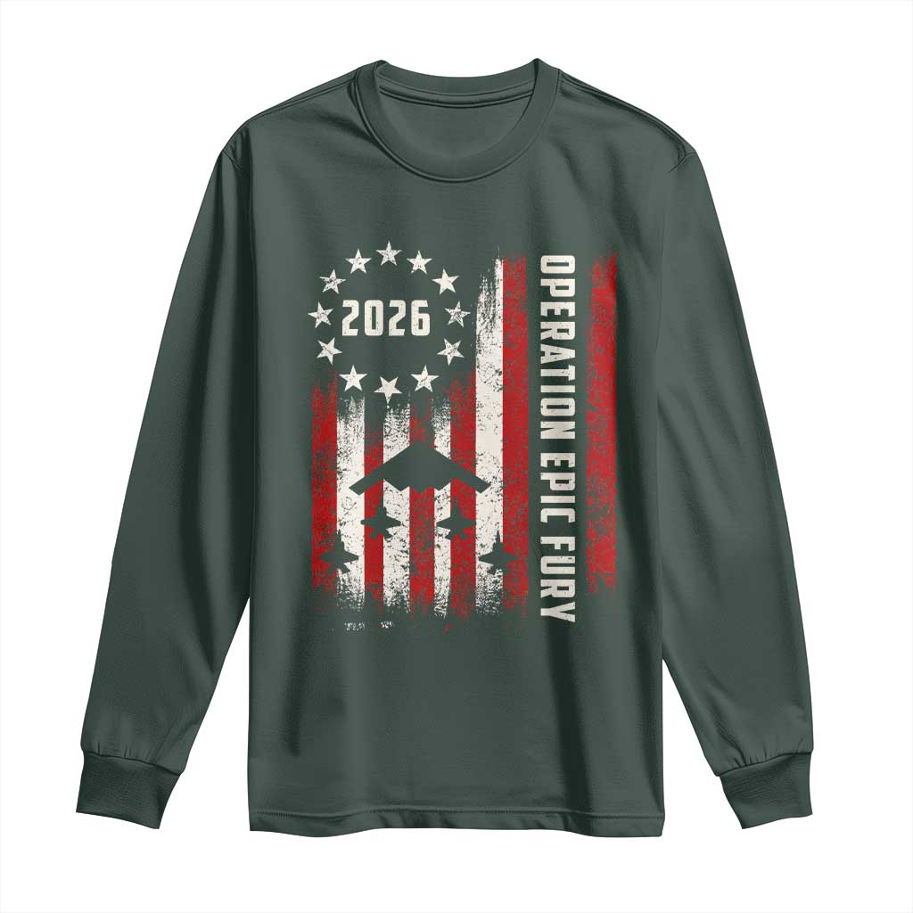 Operation Epic Fury 2026 American Flag Bomber Long Sleeve Shirt B2 Spirit Patriotic Air Dominance TS02 Dark Forest Green Print Your Wear