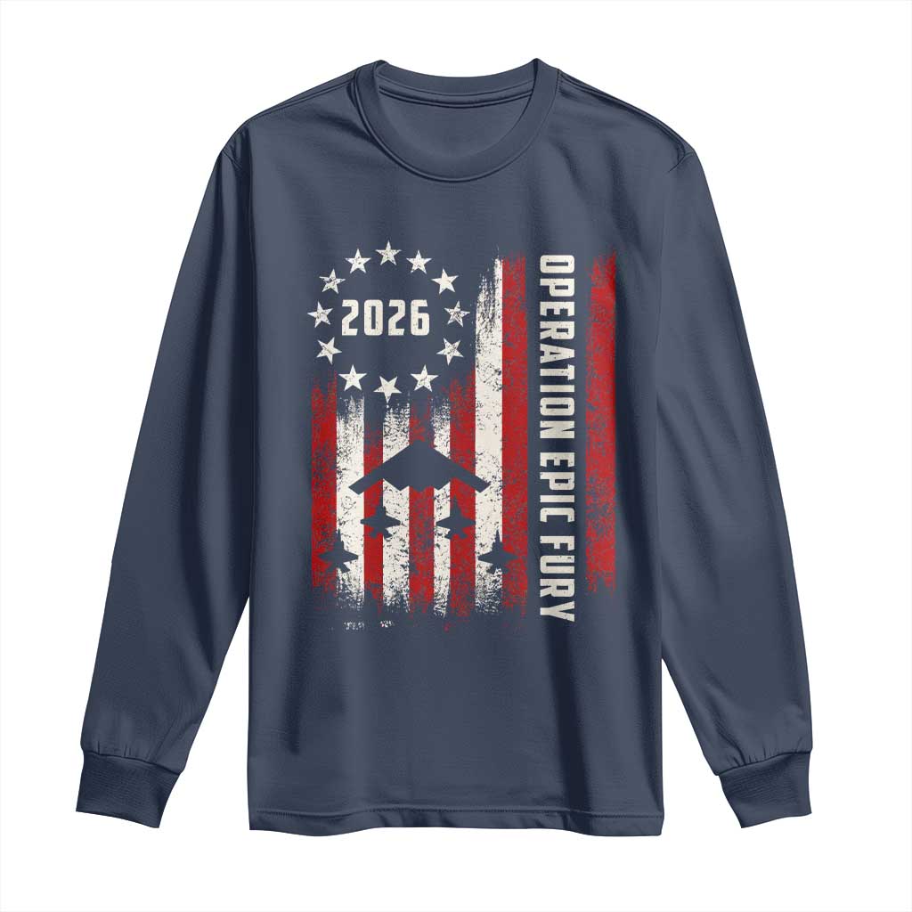 Operation Epic Fury 2026 American Flag Bomber Long Sleeve Shirt B2 Spirit Patriotic Air Dominance TS02 Navy Print Your Wear