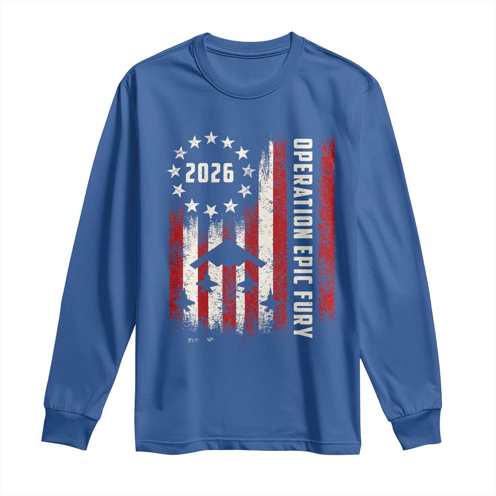 Operation Epic Fury 2026 American Flag Bomber Long Sleeve Shirt B2 Spirit Patriotic Air Dominance TS02 Royal Blue Print Your Wear