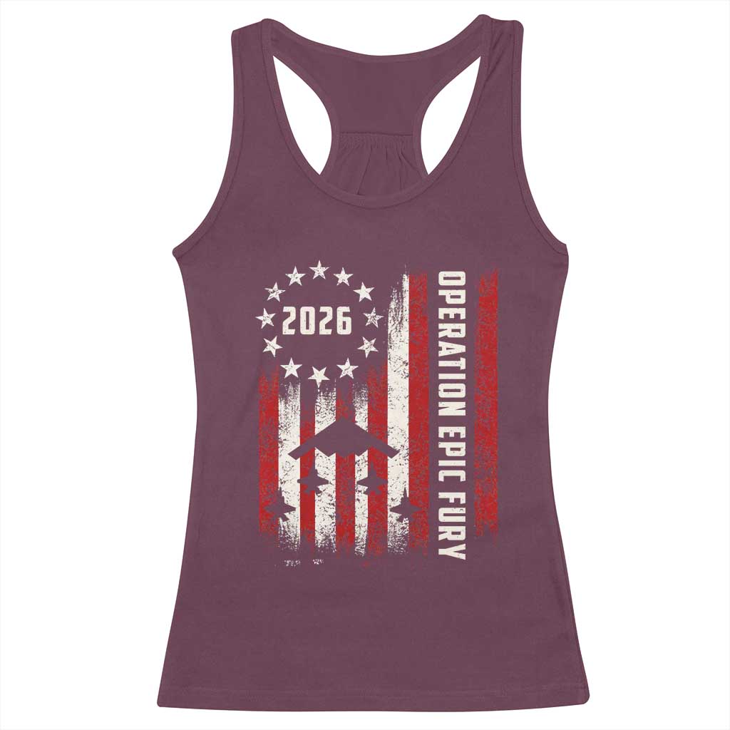 Operation Epic Fury 2026 American Flag Bomber Racerback Tank Top B2 Spirit Patriotic Air Dominance TS02 Maroon Print Your Wear