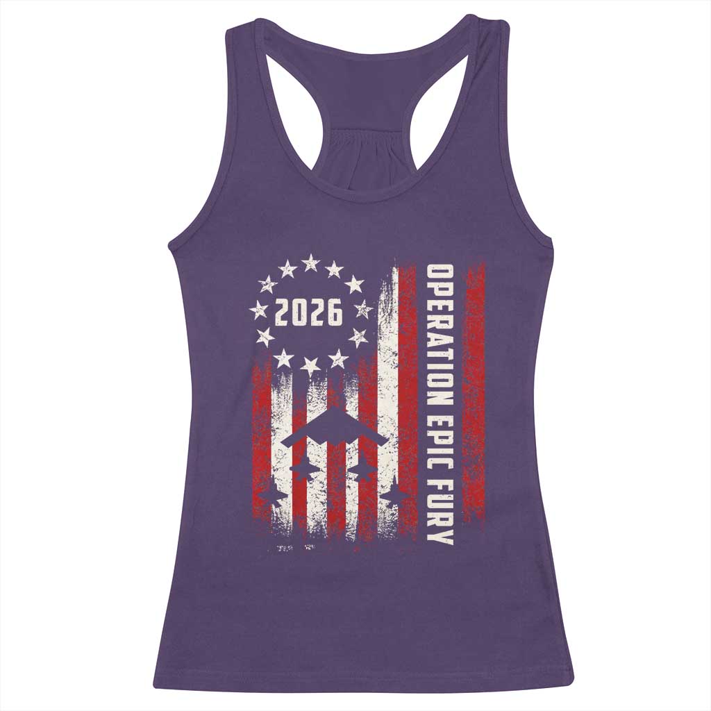 Operation Epic Fury 2026 American Flag Bomber Racerback Tank Top B2 Spirit Patriotic Air Dominance TS02 Purple Print Your Wear