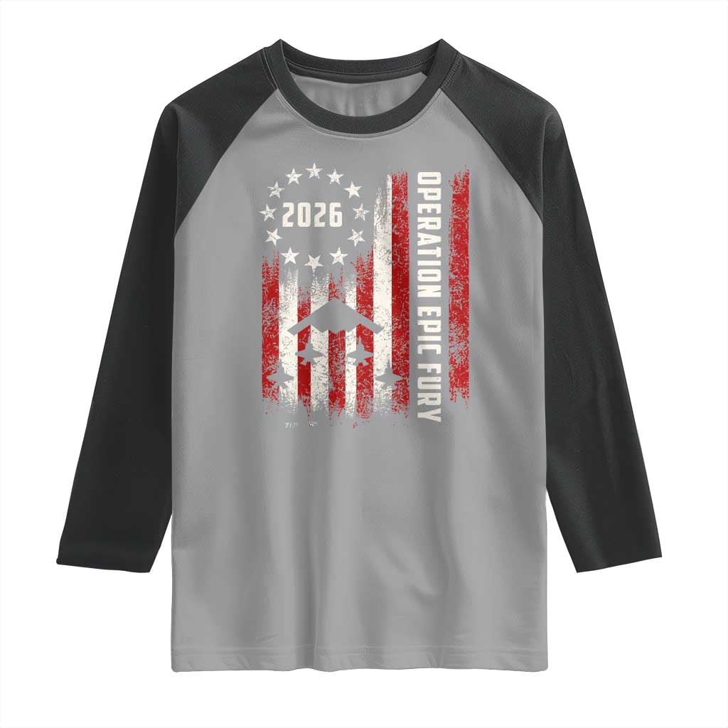 Operation Epic Fury 2026 American Flag Bomber Raglan Shirt B2 Spirit Patriotic Air Dominance TS02 Sport Gray Black Print Your Wear