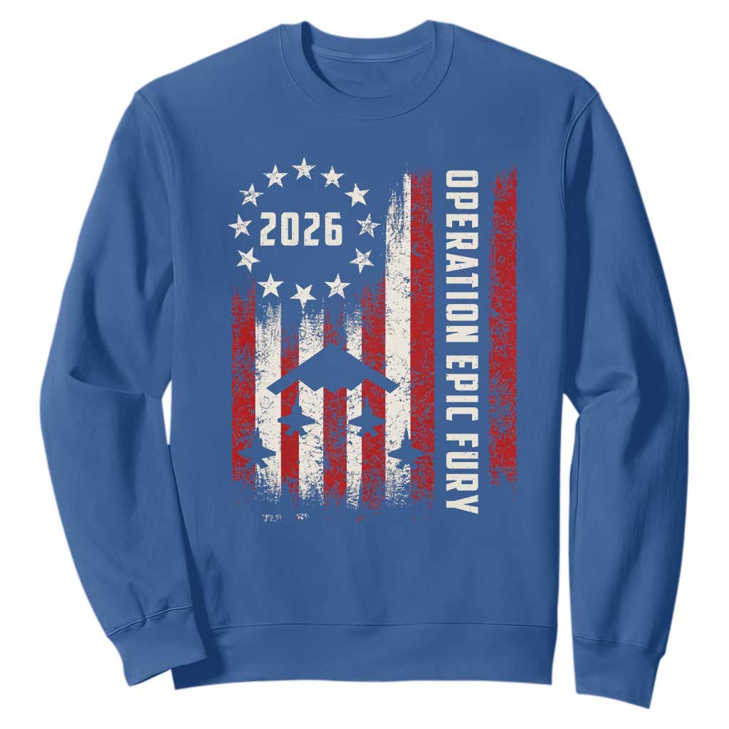 Operation Epic Fury 2026 American Flag Bomber Sweatshirt B2 Spirit Patriotic Air Dominance TS02 Royal Blue Print Your Wear