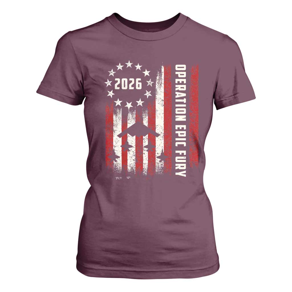 Operation Epic Fury 2026 American Flag Bomber T Shirt For Women B2 Spirit Patriotic Air Dominance TS02 Maroon Print Your Wear