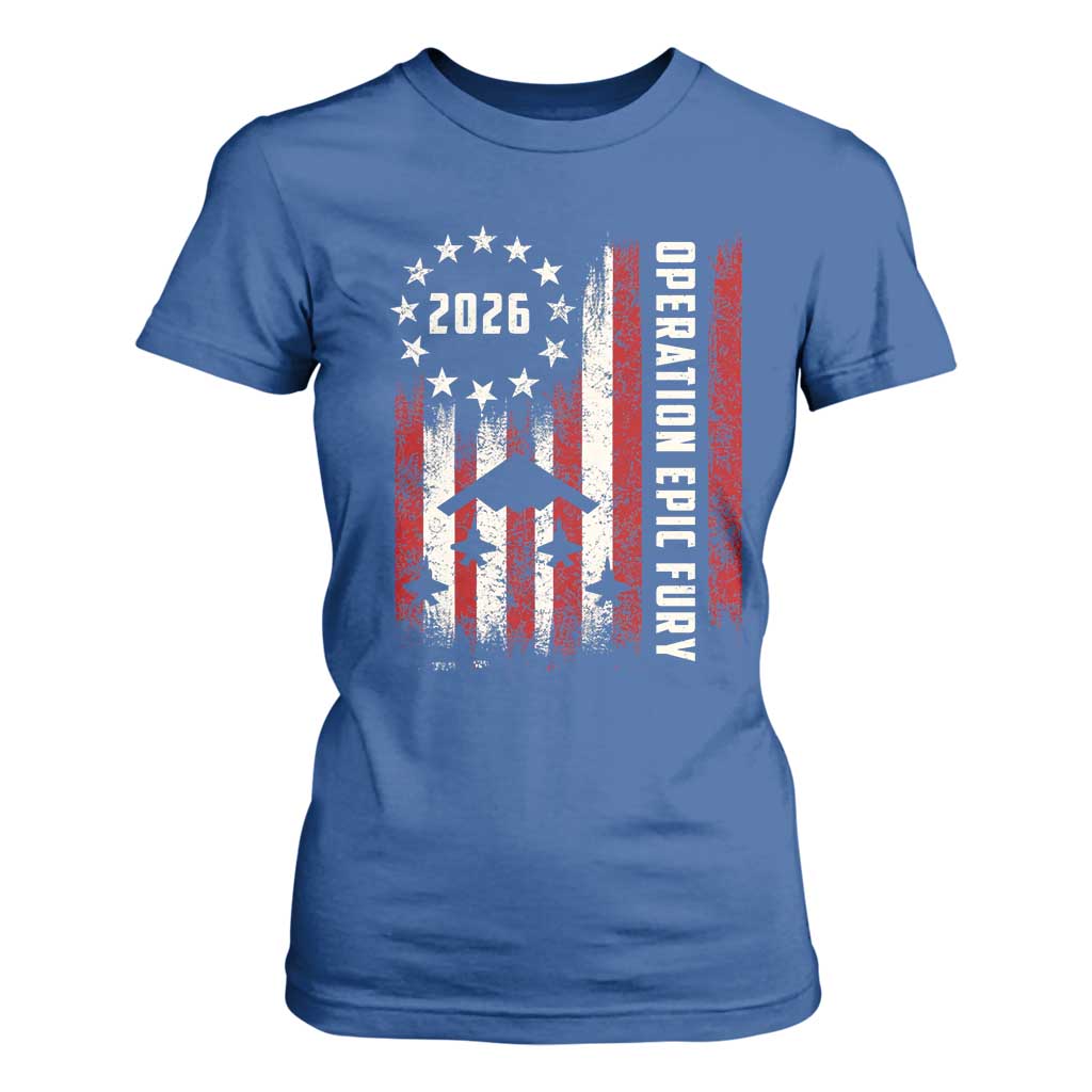 Operation Epic Fury 2026 American Flag Bomber T Shirt For Women B2 Spirit Patriotic Air Dominance TS02 Royal Blue Print Your Wear