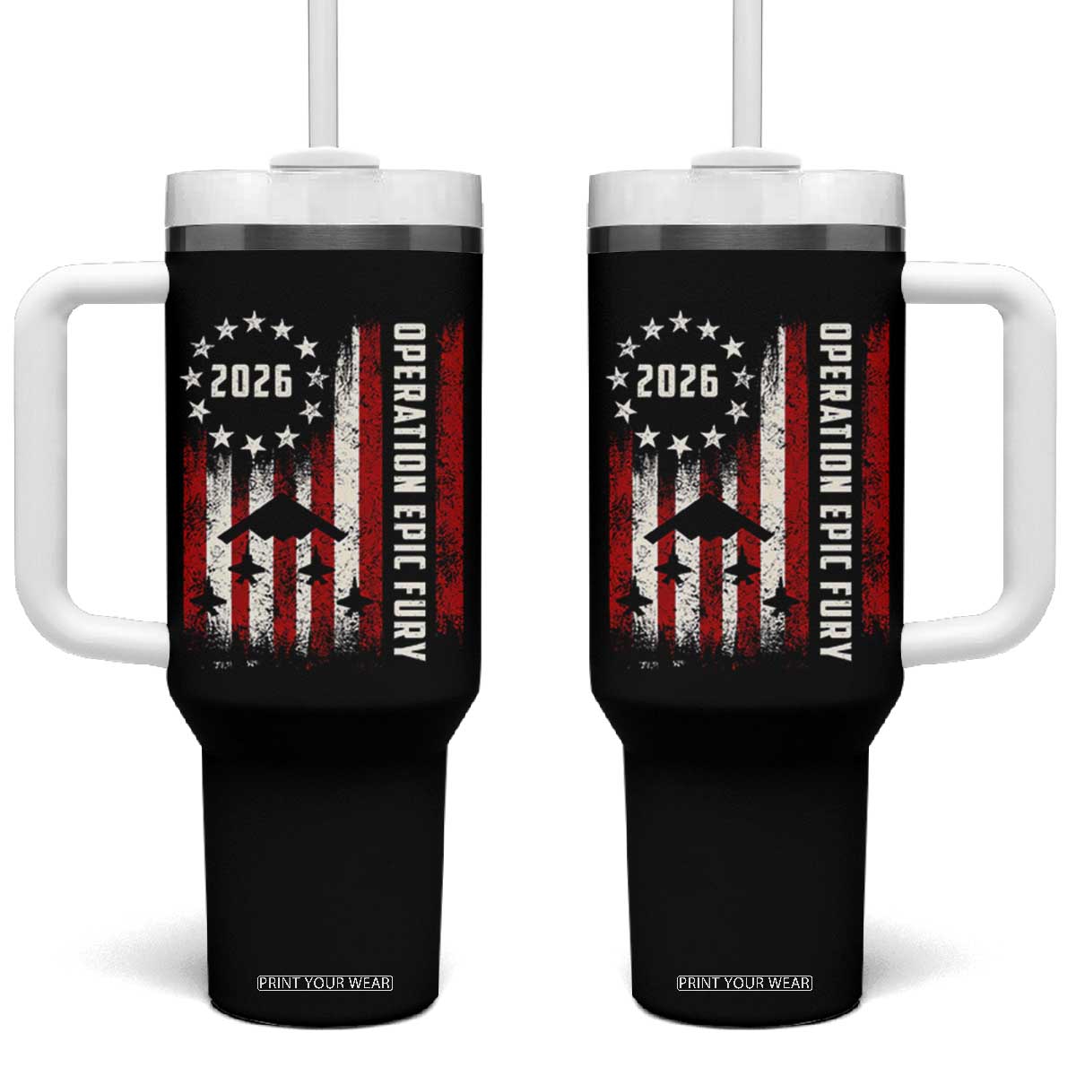 Operation Epic Fury 2026 American Flag Bomber Tumbler With Handle B2 Spirit Patriotic Air Dominance TS02 One Size: 40 oz Black Print Your Wear
