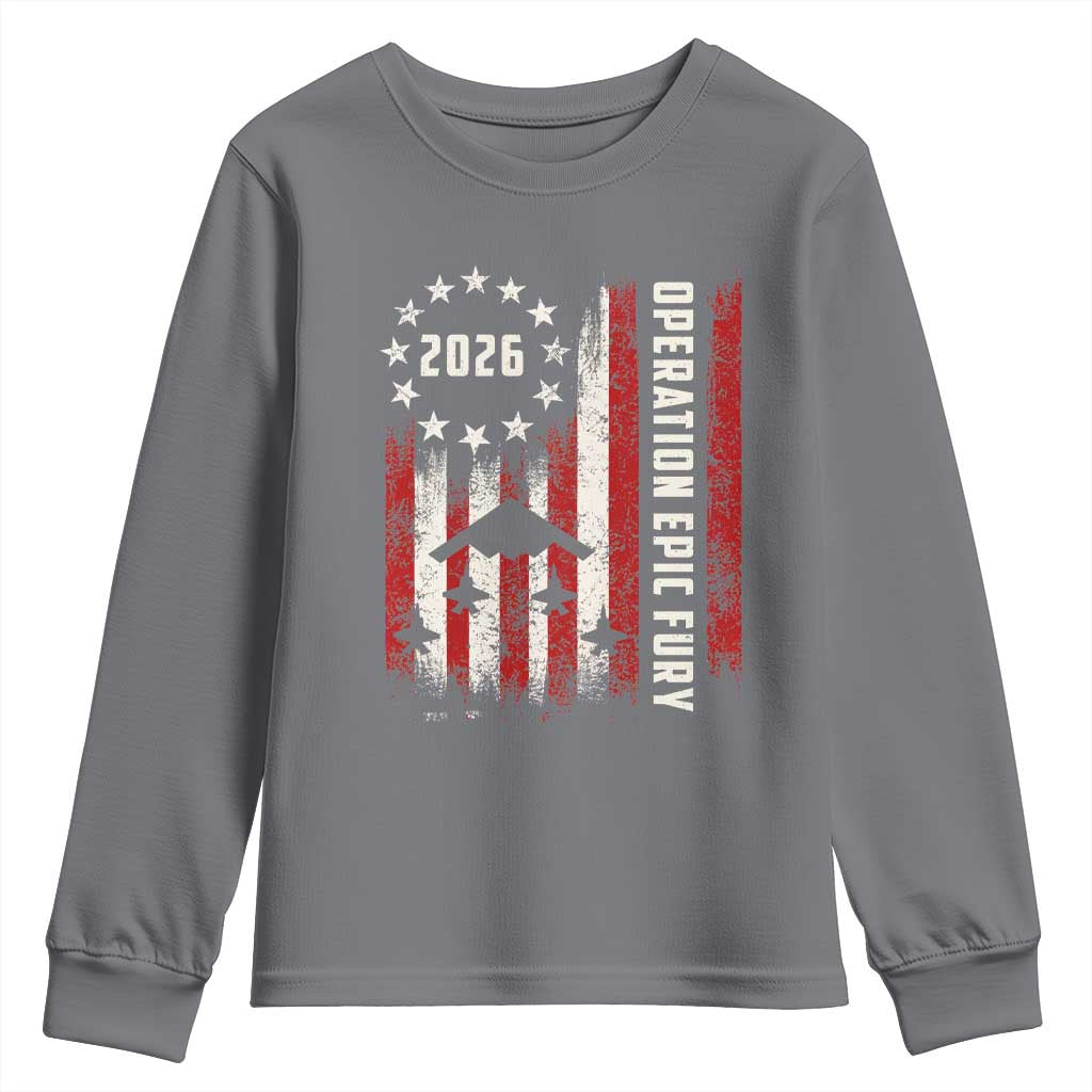 Operation Epic Fury 2026 American Flag Bomber Youth Sweatshirt B2 Spirit Patriotic Air Dominance TS02 Charcoal Print Your Wear