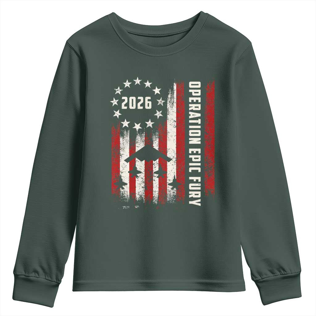 Operation Epic Fury 2026 American Flag Bomber Youth Sweatshirt B2 Spirit Patriotic Air Dominance TS02 Dark Forest Green Print Your Wear