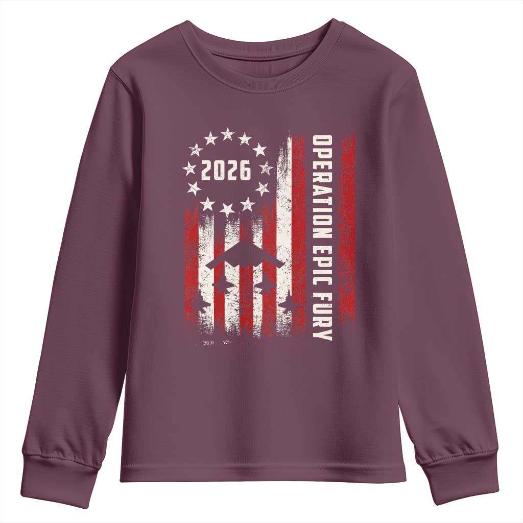 Operation Epic Fury 2026 American Flag Bomber Youth Sweatshirt B2 Spirit Patriotic Air Dominance TS02 Maroon Print Your Wear