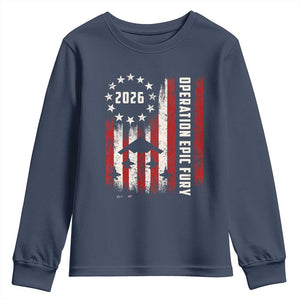 Operation Epic Fury 2026 American Flag Bomber Youth Sweatshirt B2 Spirit Patriotic Air Dominance TS02 Navy Print Your Wear